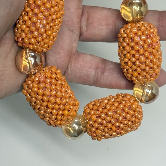 WA/YM Natural Stone Covered Beaded Orange Coral Colored Statement Necklace - Picture 3 of 9